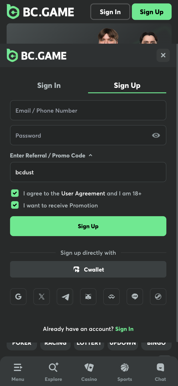 BC.GAME Promo Code Bonus Guide Example